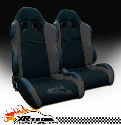 2x Universal LH+RH Blk/Grey Fabric & PVC Leather Sport Racing Seats 