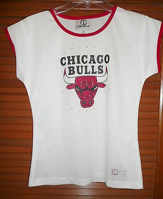 CHICAGO BULLS CAP SLEEVE WHITE TOP WITH BLACK, RED TRIM & SEQUINS 
