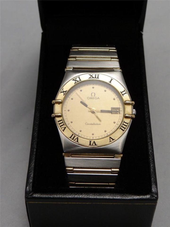 Omega Constellation Mens Watch with 18 KT Solid Gold Bezel & Full Bar 