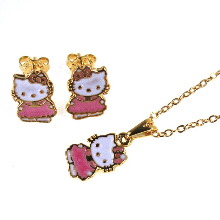 Set Gold 18k GF Earrings Charm Chain Necklace Pendant Pink Hello Kitty 