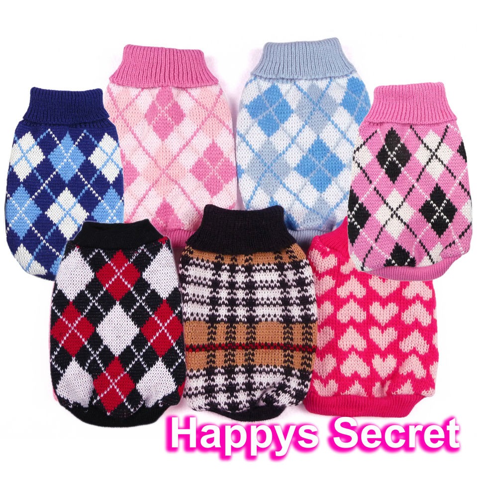 Dog Cat Pet Clothes Knitted Jumper Sweater Argyle Heart