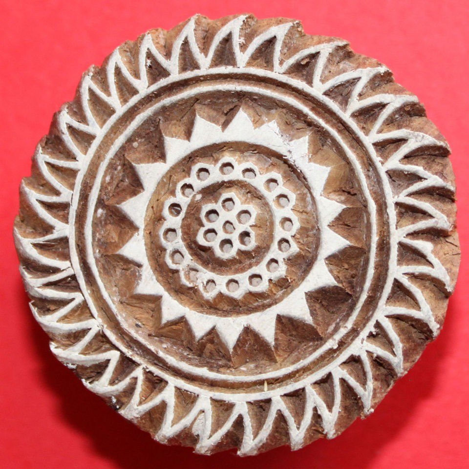Hand Carved Round Wooden Indian Printing Block or Stamp for Paper or 