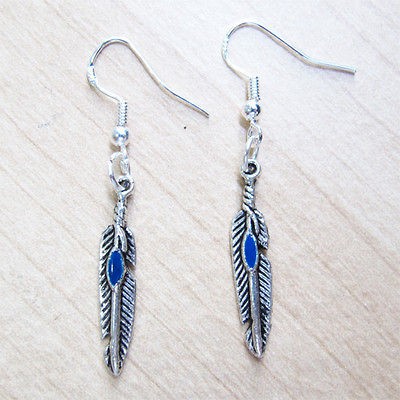   Silver Native American Western Turquoise Feather Charm Earrings NEW