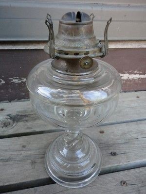   EAPG Pattern Glass Twisted Stem Oil Lamp w Queen Anne 2 Burner 1800s
