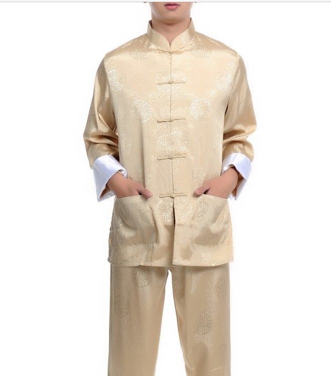 Beige white Chinese mens silk kung fu suit pajamas SZ M L XL 2XL 3XL