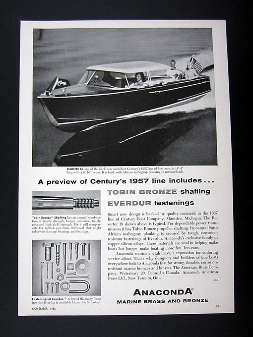 Anaconda Marine Brass & Bronze Century Resorter 18 Boat 1956 Ad 