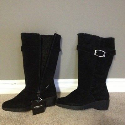 London Fog Black Suede Faux Fur Lined Mid Calf Wedge Boots 9.5 Monica 