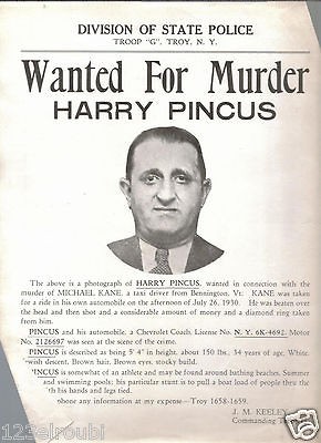 WANTED FOR MURDER POLICE POSTER HARRY PINCUS 1930 VINTAGE ORIGINAL