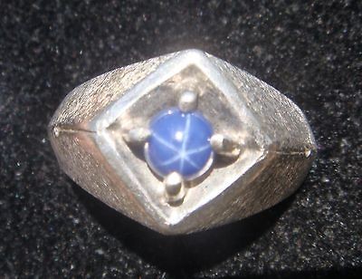   Solid 10K WhIte Gold Brushed Ring Blue Star Sapphire Ring SZ 9&1/2