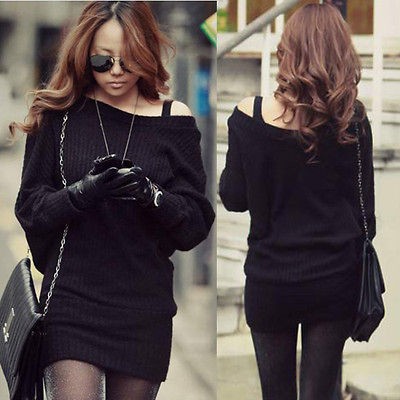 Sexy Korean Womens Batty sleeve Solid Black Mini Sweater Dress Tops 