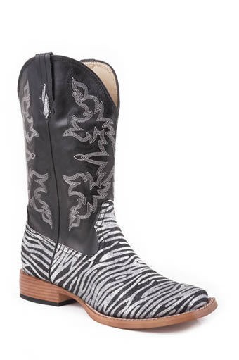 NIB Ladies Roper Black & Silver Zebra Glitter Foot Cowboy Boots in 