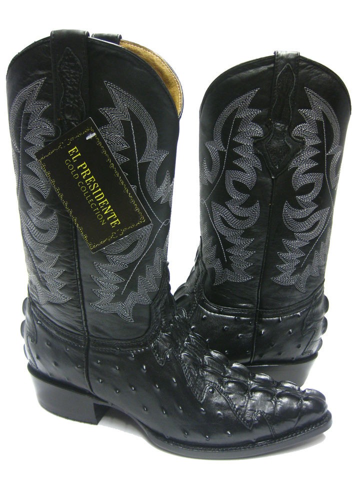 MENS BLACK LEATHER CROCODILE TAIL & OSTRICH QUILL COWBOY BOOTS 