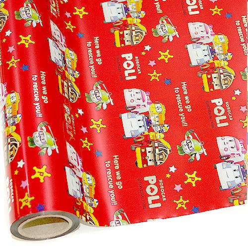   ] KIDS ROBOCAR POLI Bulk Roll Wrapping Gift Paper Metalic Roll RED