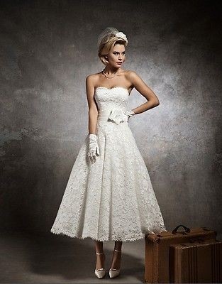 2012 New Tea Length Lace White/Ivory Sweetheart Wedding Dress Sexy 