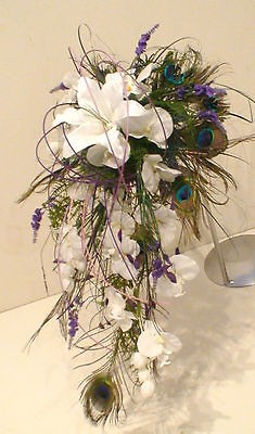   , BRIDE PEACOCK FEATHER ORCHID & LILY WHITE PURPLE SHOWER BOUQUET