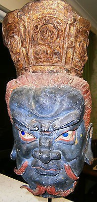 LARGE 16 CHINESE ANTIQUE YUAN MING STUCCO HEAD GUARDIAN WARRIOR GLASS 