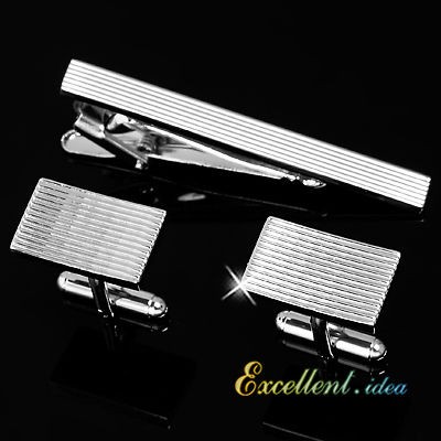   STRIPES STAINLESS STEEL SILVER TONED MENS CUFFLINKS TIE CLASP BAR CLIP