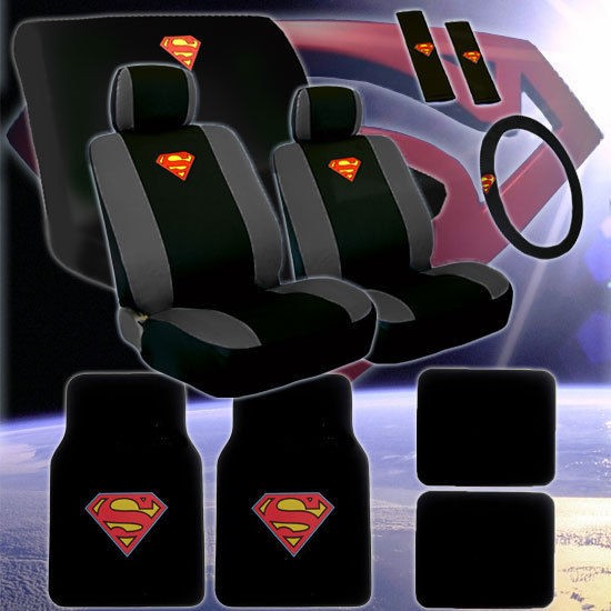   New Complete Superman Car Seat Covers Wheel Cover and Floor Mats Set