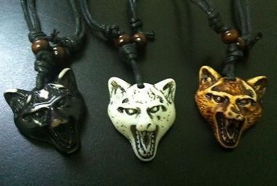   Mans Tibet Yak Bone Cool Wolf Head Gothic Necklace Three Color Mix