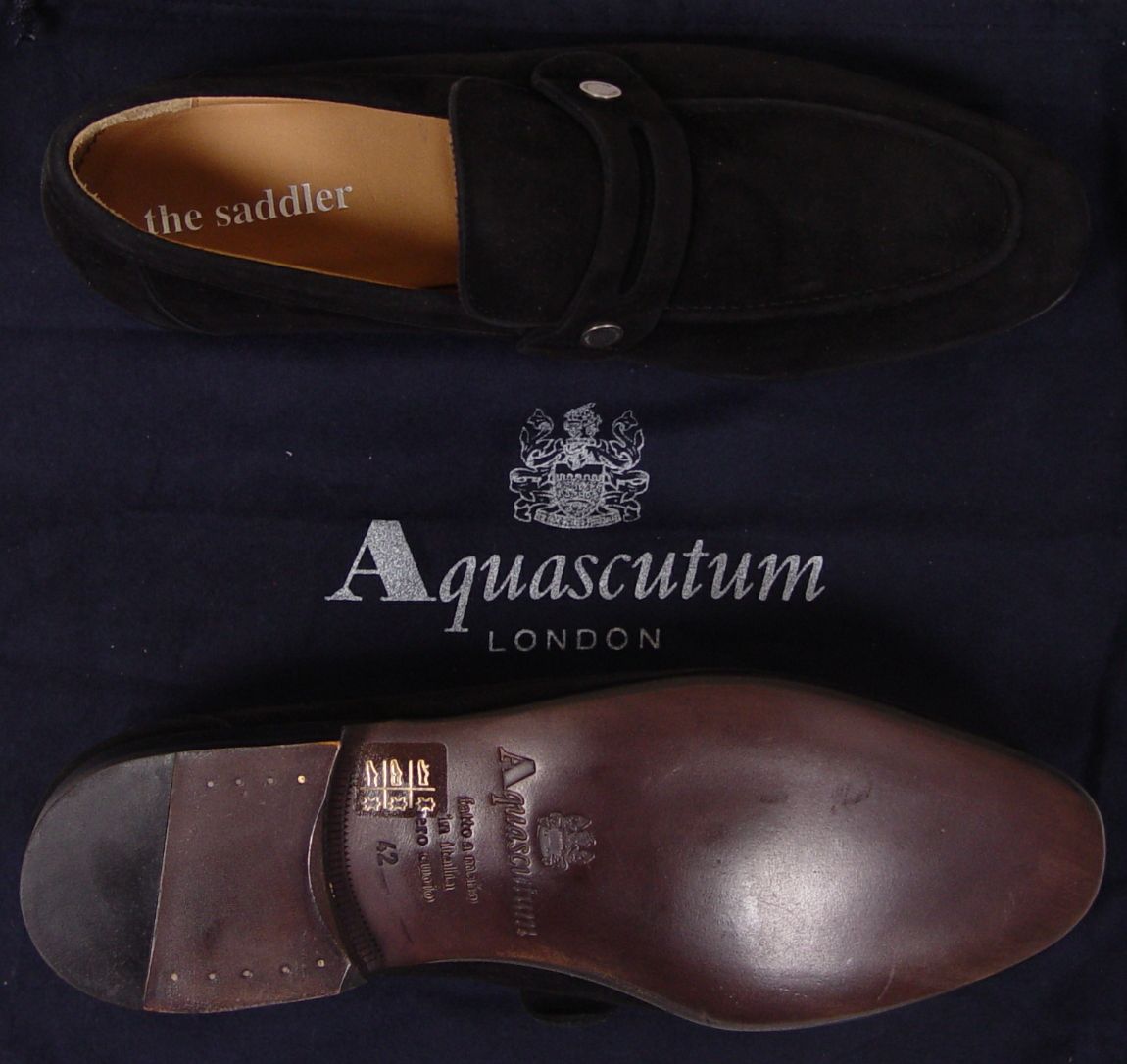 AQUASCUTUM Shoes $565 Black Suede Logo Slotted Vamp Handmade Loafers 9 