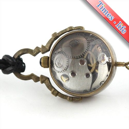 Mens Crystal Ball Necklace Pendant Watch Mechanical Leather Unisex 