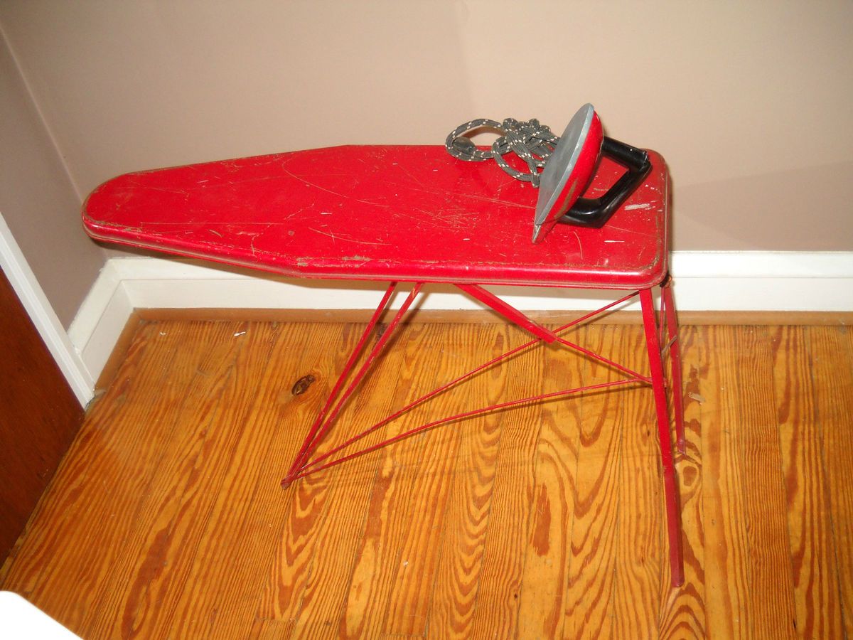 antique toy red metal Ironing Board childs folding with vintage Iron 
