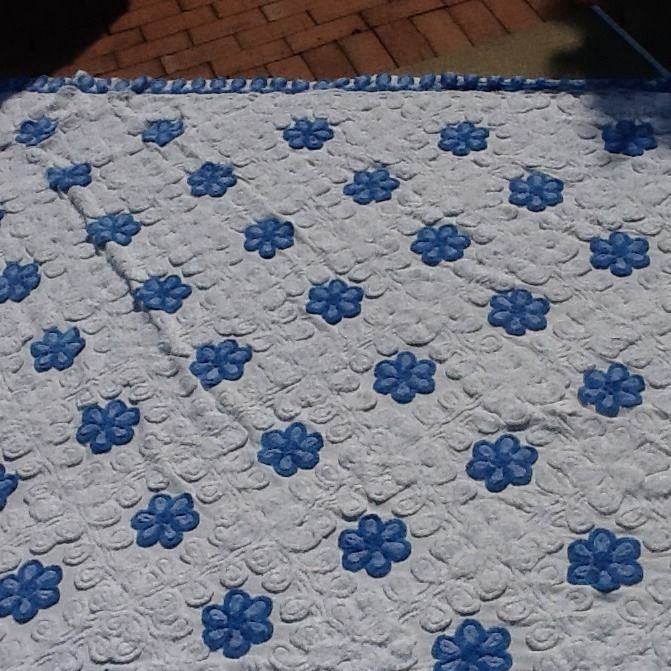 Vintage Chenille Blue and White Bedspread