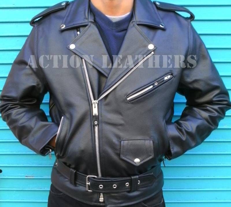 Mens Black Brando Motorcycle Biker Jacket 100 Leather
