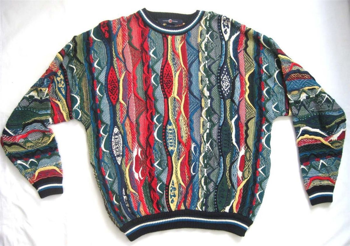 Vintage Bill Cosby Sweater Size L Vivid Bright Textured Teal Green Red 
