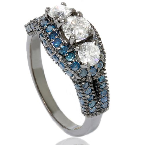 75ct Blue White Diamond Vintage Style Engagement Antique 3 Stone 
