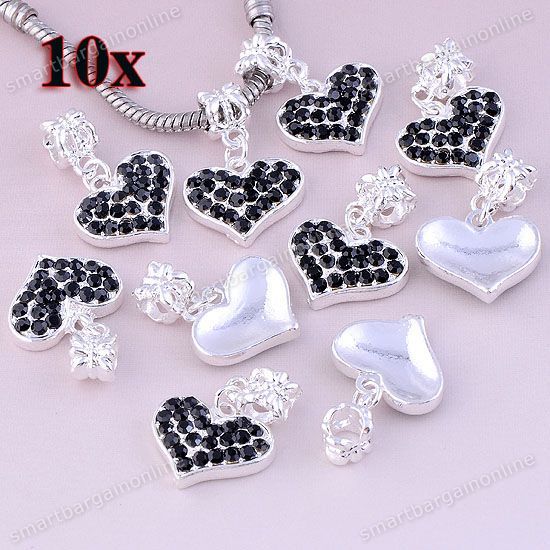 10pc Black Crystal Silver Plated Heart Dangle Charms European Beads 