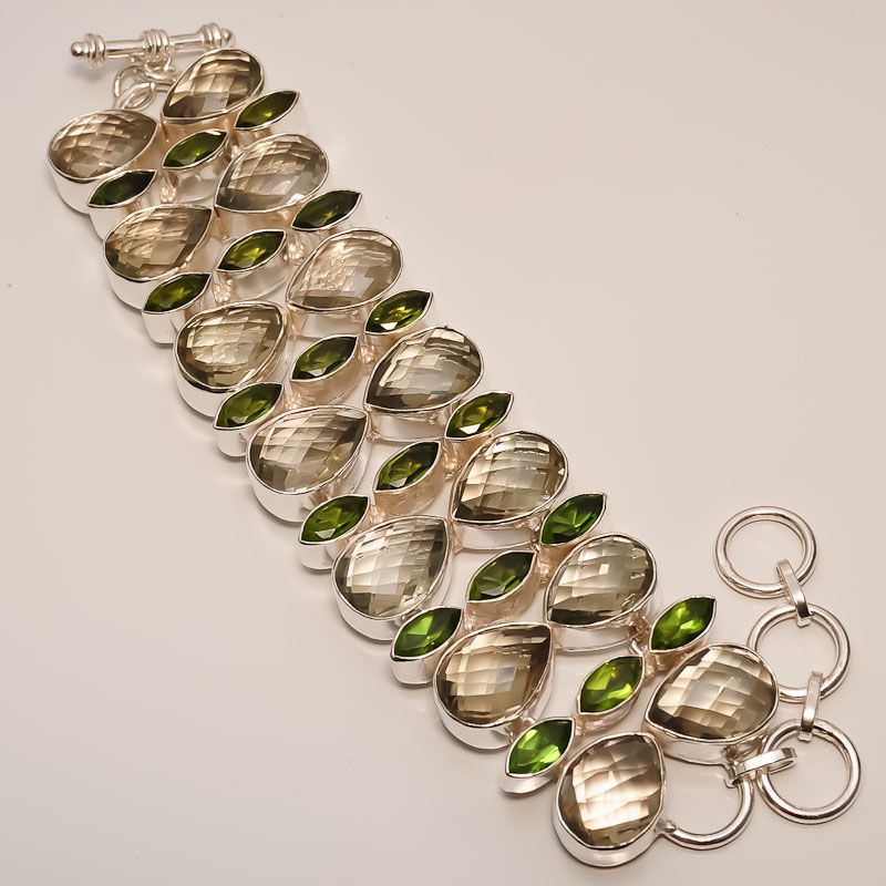 Unique Green Amethyst Peridot 925 Silver Bracelet 7 8
