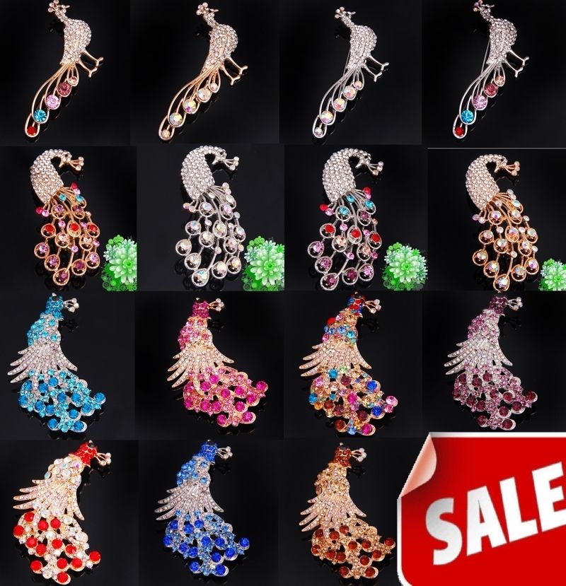 wholesale 30pcs peacock CZ crystal rhinestone brooch pins jewelry