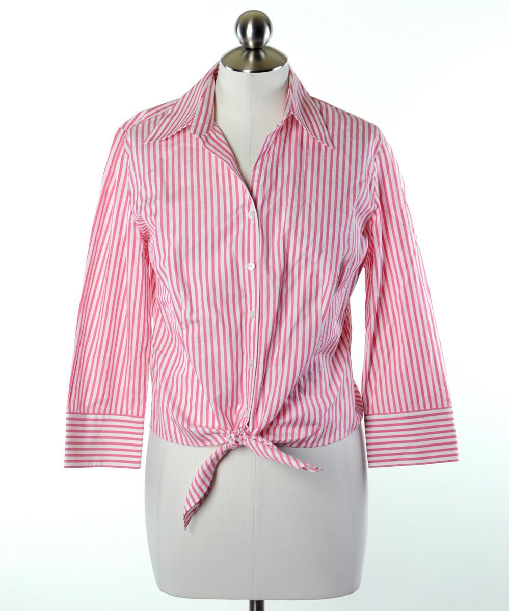 Ann Taylor Loft Bubblegum Pink White Striped Button Down Tie Front 