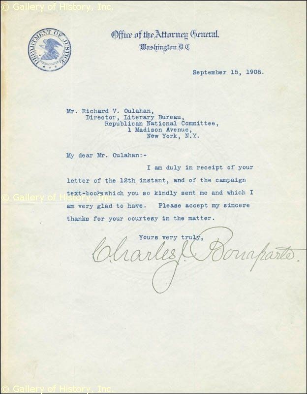 Charles J Bonaparte Typed Letter Signed 09 15 1908