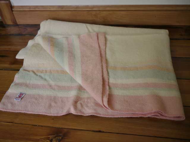 Vintage 50s Mossfield Cream Pastels Pink Striped Wool Canadian Blanket