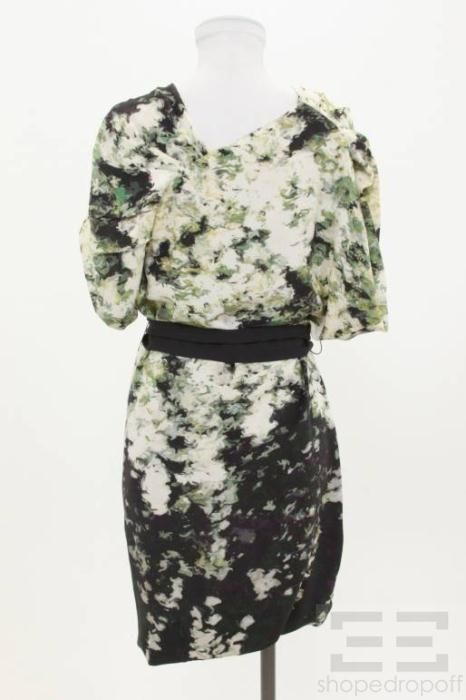 YIGAL AZROUEL Navy Green Silk Print Belted Dress Size 6