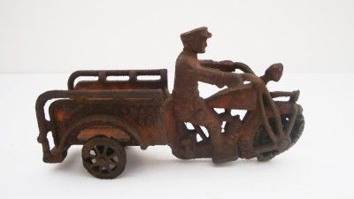  Cast Iron 1920s Indian Motorcycle Trike Crash Car Old Toy
