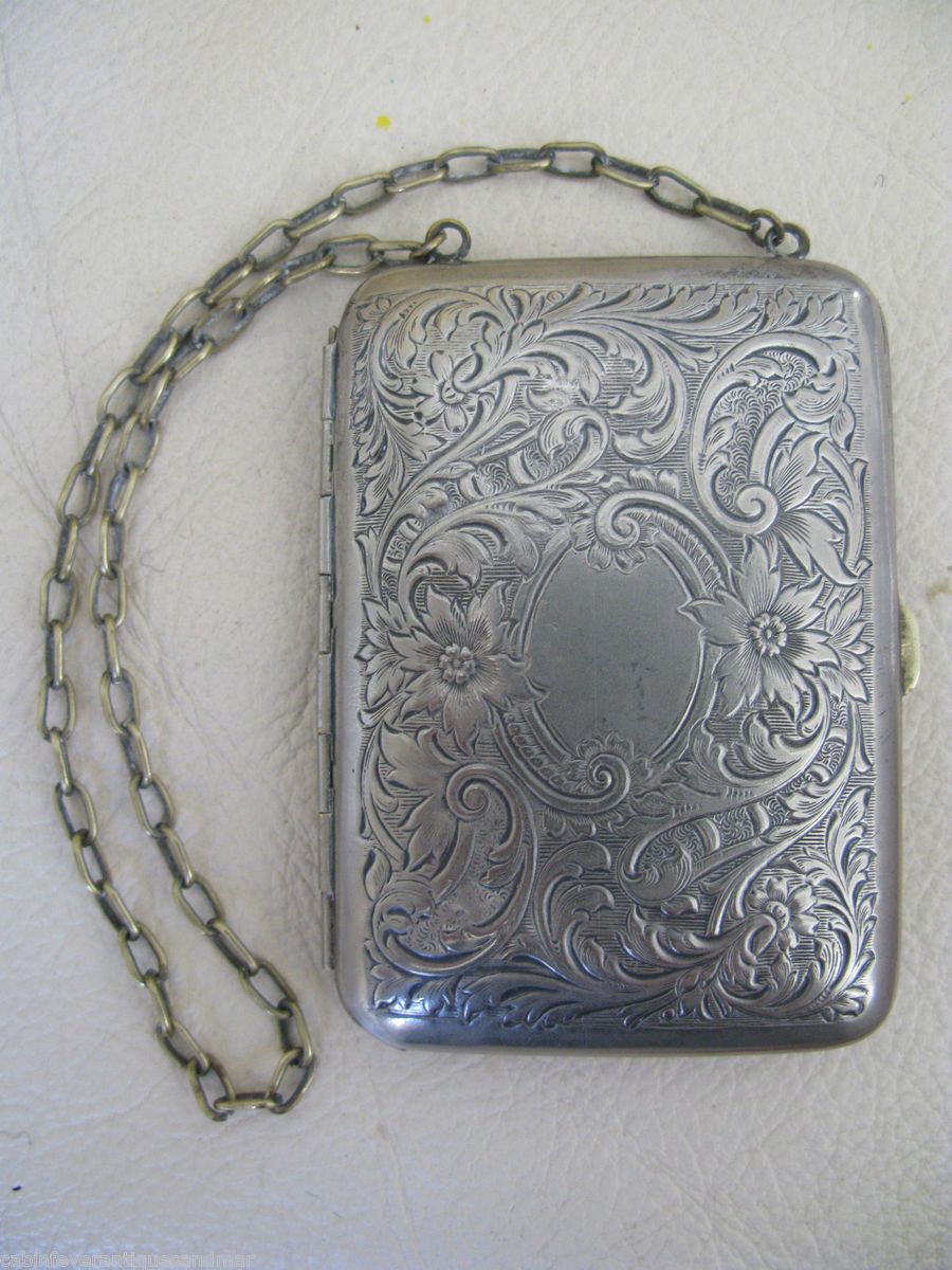  Victorian Art Nouveau Silver Dance Coin Purse Card Case Powder Compact
