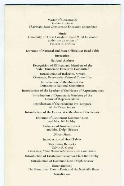 1973 Texas Democratic Governor Dolph Briscoe Inaugural Dinner Program