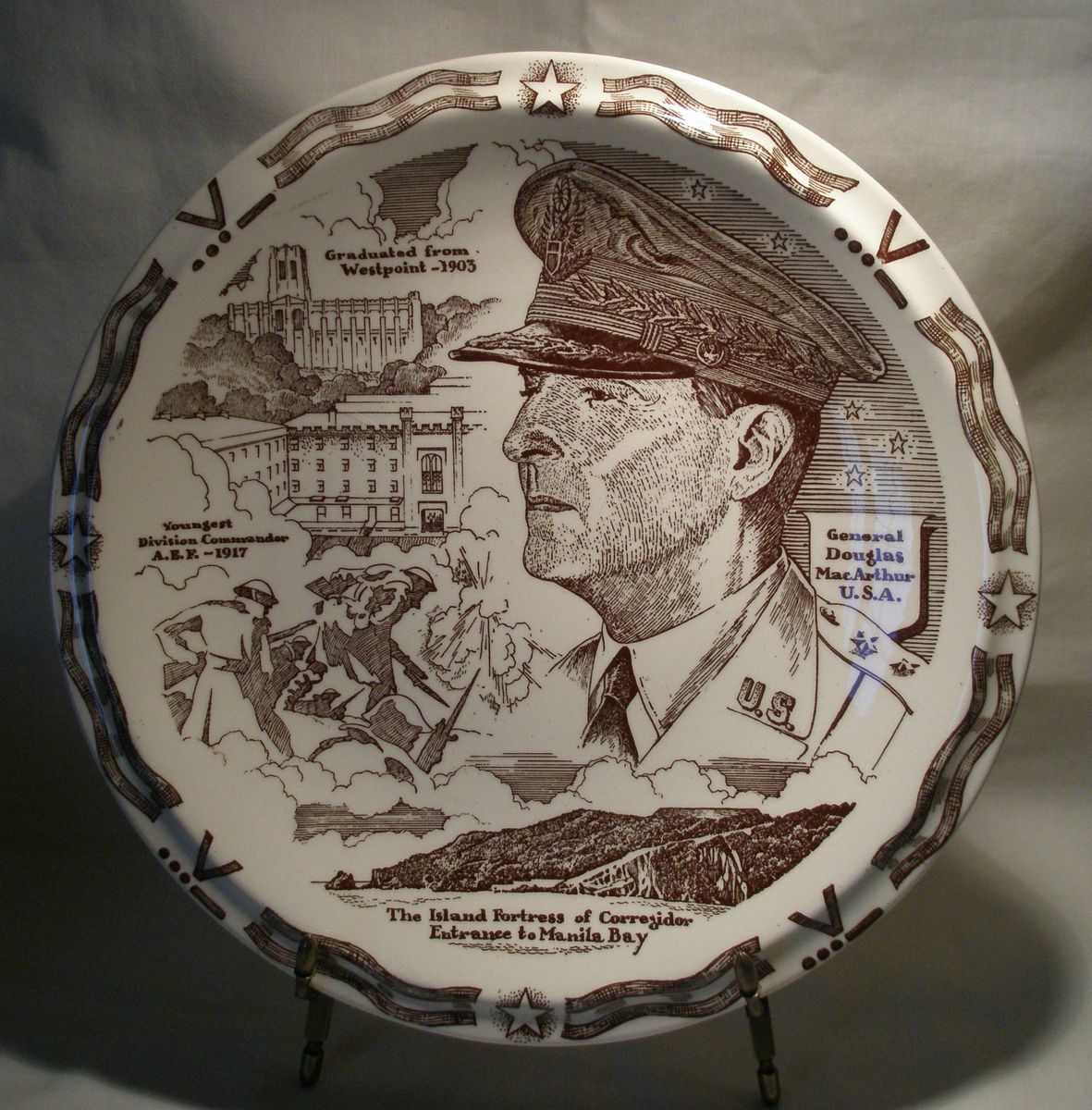 Vernon Kilns Collector Plate of General Douglas MacArthur Brown White