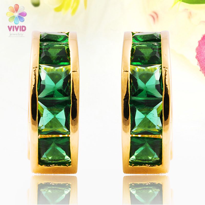  Fashion Jewelry Square Cut Green Emerald Yellow Gold GP Hoop Earrings