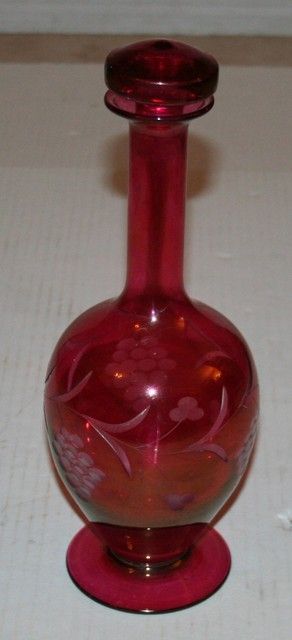 ruby glass vintage decanter etched glass