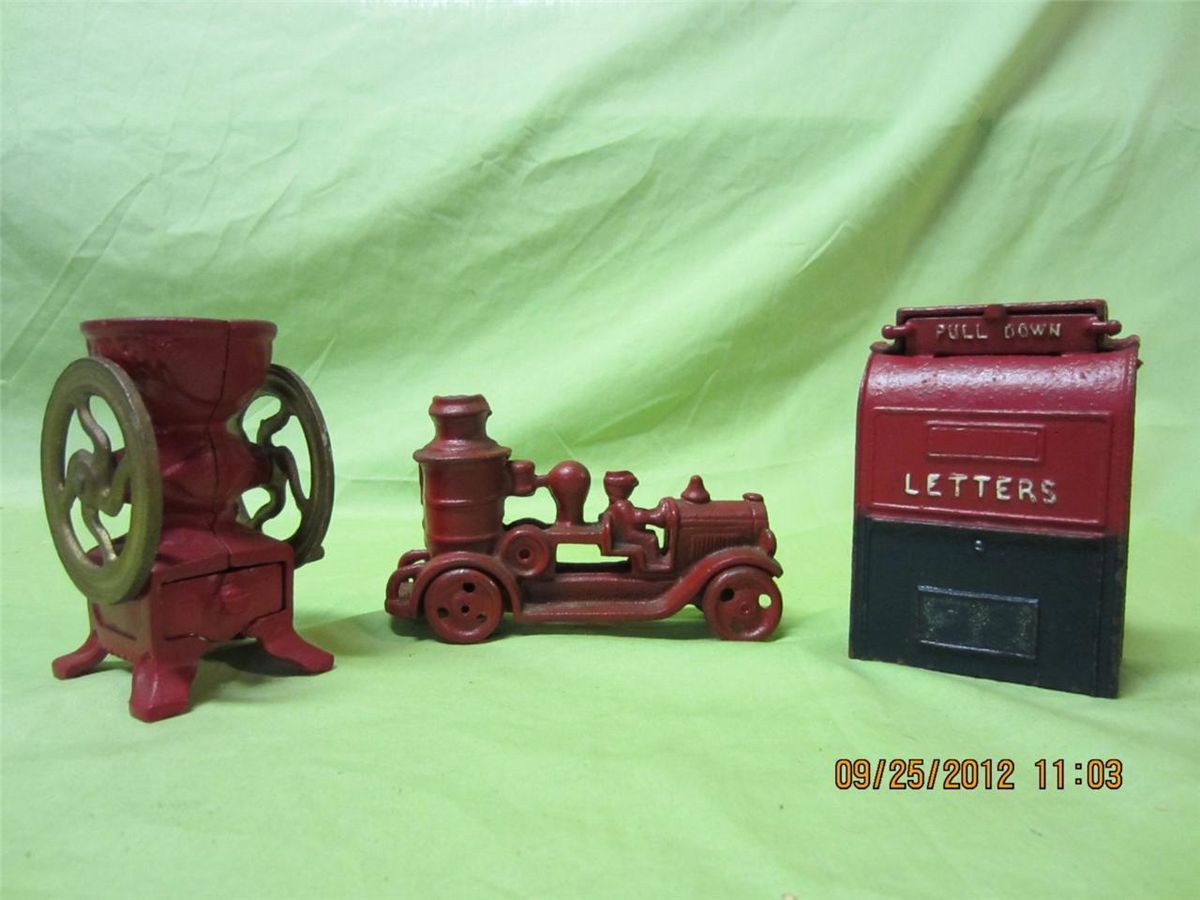  Vintage Cast Iron Toys JM 213 Fire Truck Mailbox Coffee Grinder
