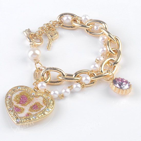 Gold Tone Crystal Faux Pearl Bling Heart Bead Chain Link Bracelet