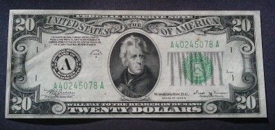 1934B Vinson $20 Boston FRN   AU (rare bank per pop. data)