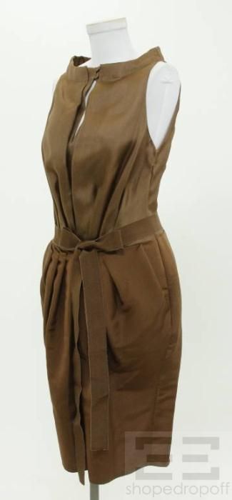 Gianfranco Ferre Brown Silk Belted Dress Size 42 Current New