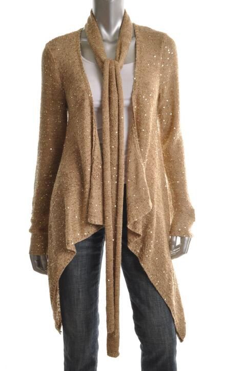 Inc New Retro Glamour Gold Sequined with Scarf Cozy Cardigan Sweater