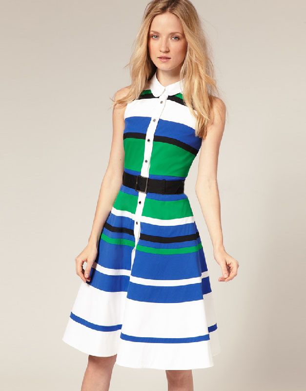 Karen Millen Green Blue Striped Colour Block Full Skirt Party Dress 8