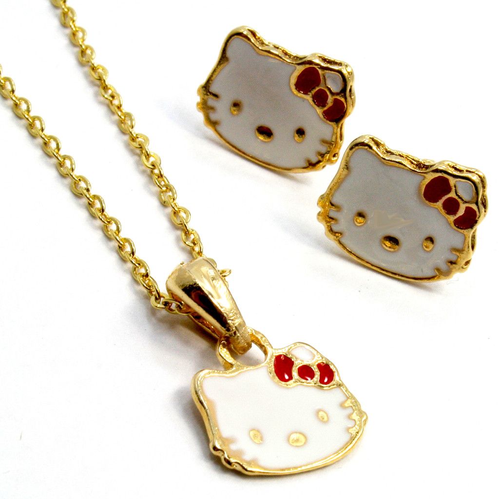 Gold 18K GF Girl Baby Kids Red Bow Hello Kitty Earrings Necklace Charm